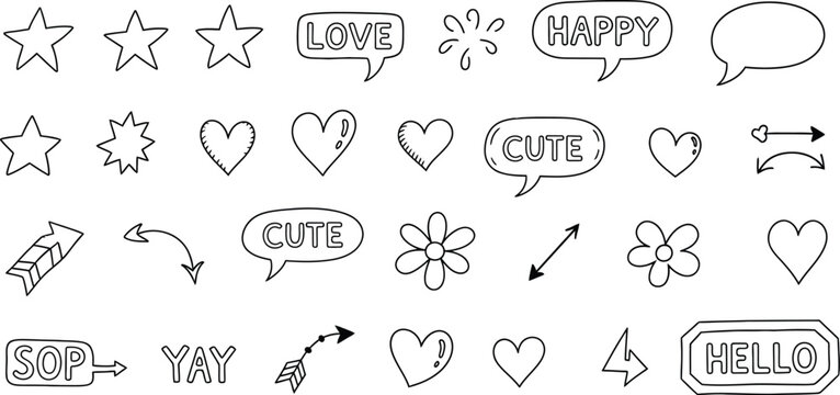 Hand drawn doodle elements set featuring speech bubbles, hearts, stars, and arrows, perfect for scrapbooking and creative projects.