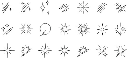Naklejka premium A collection of hand-drawn sparkle icons and starburst elements in black line art on a clean white background.