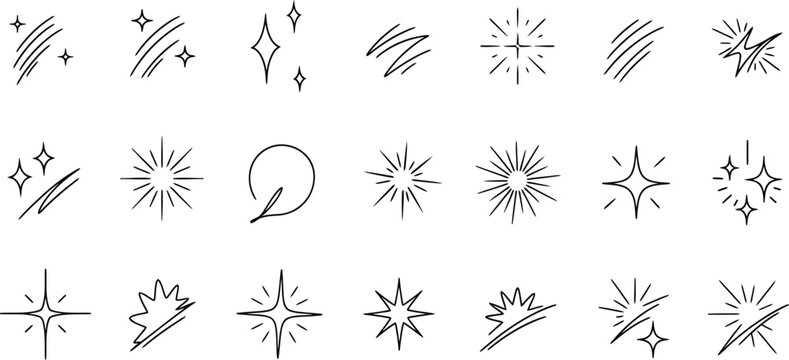 A collection of hand-drawn sparkle icons and starburst elements in black line art on a clean white background.
