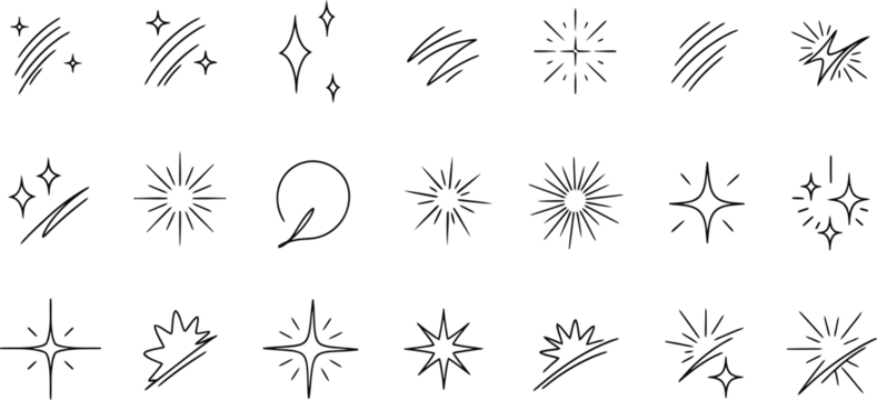 A collection of hand-drawn sparkle icons and starburst elements in black line art on a clean white background.