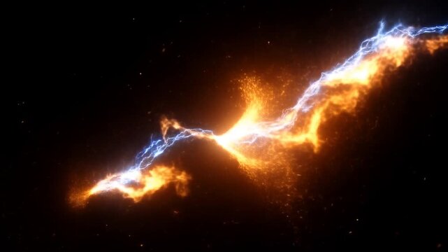 Static shot of electric plasma stream flowing and sparking across dark space background with glowing orange sparks and blue electric arc