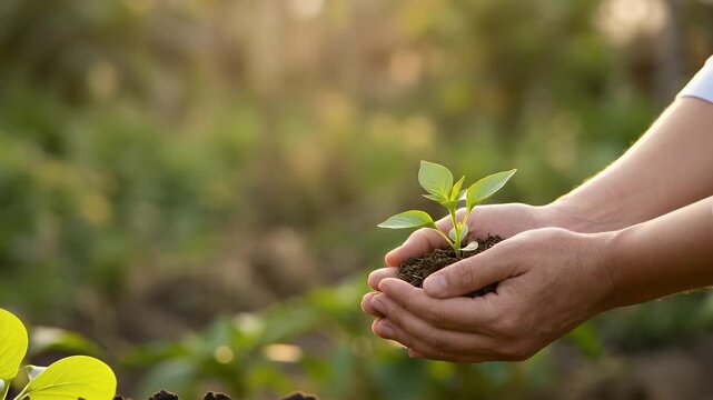 Two hands gently holding and nurturing a young green plant under warm sunlight symbolizing care and growth concept as Two hands nurturing a young green plant with warm sunlight representing care and g
