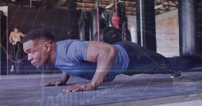Man lowering chest from plank into push-up cycles for fitness, woman adjusting pull-up grip behind