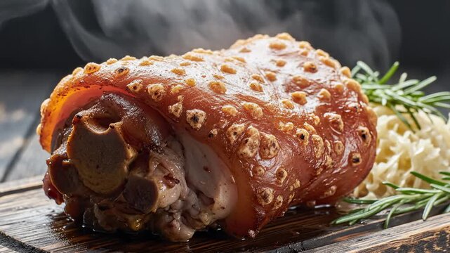 Steaming Roasted Pork Knuckle With Crispy Crackling Served With Sauerkraut and Rosemary on Wooden Board
