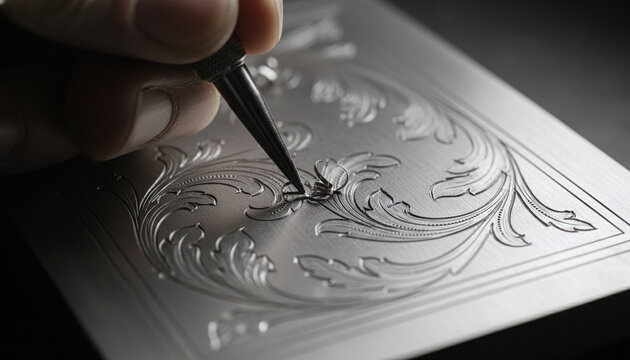 Artisan carving intricate acanthus leaf scrollwork on bespoke steel with burin