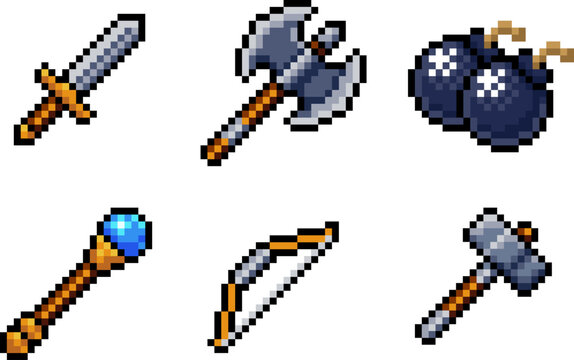 Pixel art weapons video game asset icon set retro 8 bit. Fantasy video game items including sword, axe, bombs, magic staff, bow and hammer for RPGs, inventory UI, crafting and adventure design