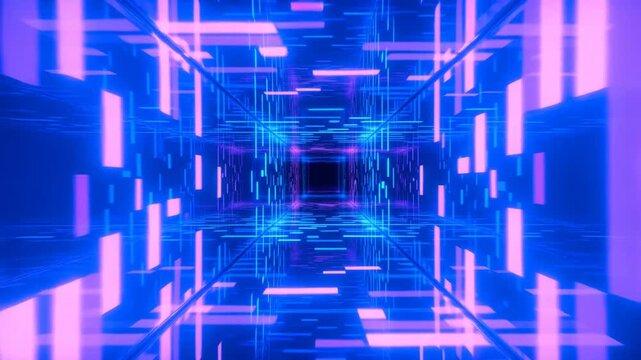 Tracking shot of digital neon tunnel moving forward through glowing blue and pink grid corridor inside virtual cyberspace simulation
