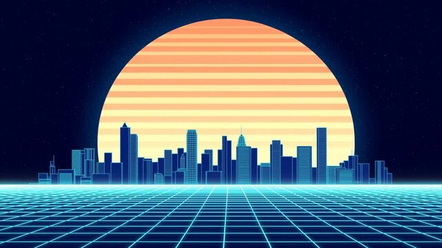Panning shot of retro neon skyline with glowing sun rising over digital grid landscape at night in synthwave style