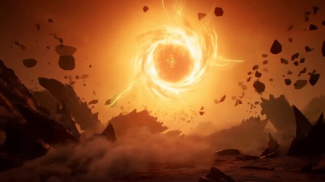 Tracking shot moving forward of fiery vortex pulling floating asteroids across rocky extraterrestrial landscape with swirling dust lightning and smoky orange atmosphere