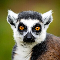Obraz premium Close-up of a ring-tailed lemur with striking orange eyes and a curious gaze