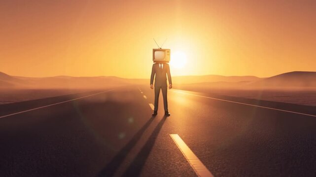Tracking shot of man with television head standing on empty highway desert road at sunset with long shadows, dolly forward toward camera, backlit by sun