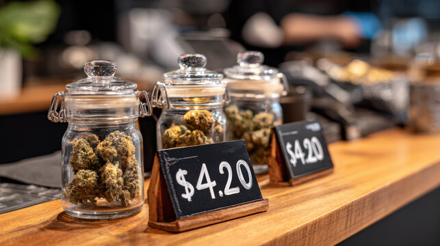Jars with cannabis in marijuana shop. Price tag reads $4.20