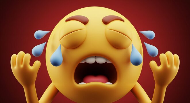 A cartoon emoji character crying and screaming in distress on a red background