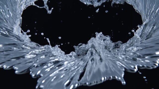 Slow motion close up of water splash forming circular crown and ring with droplets colliding and spreading against black studio background