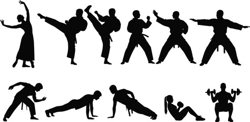 Martial arts and fitness silhouettes set featuring karate kicks push ups and strength exercises dynamic training vector illustration isolated on white background © urmilarani