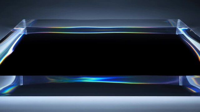 Slow tracking shot of glass block refracting light across dark tabletop in studio with subtle rainbow iridescence
