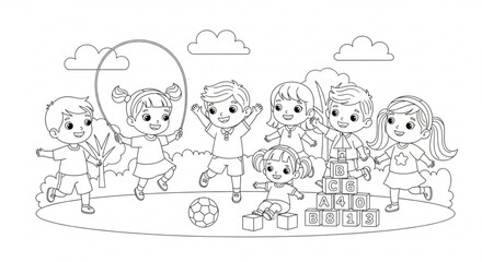 Fototapeta premium Children playing outside with blocks balls and toys on a sunny day with clouds