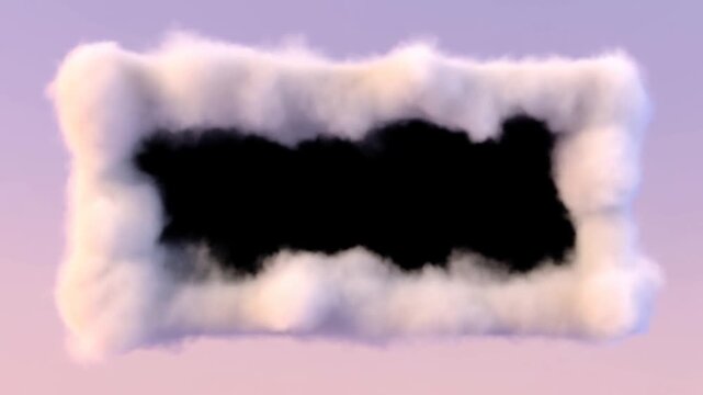 Slow tracking pan of rectangular cloud border revealing black void drifting across pastel sky at sunset with soft glowing backlit light