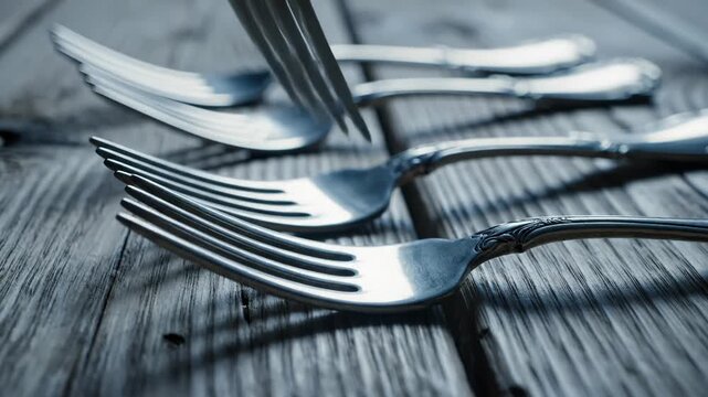 Close-Up of Silver Forks Lying on a Wooden Table, Elegant Table Setting