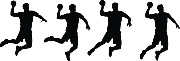 Sequence of handball player silhouettes jumping and throwing ball, athlete action poses, dynamic sport movement, fitness training vector illustration set © urmilarani