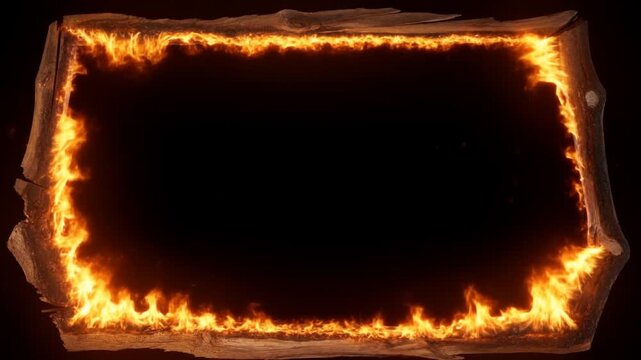 Static top down close up shot of wooden frame edges burning with flickering flames on dark isolated background with high contrast orange yellow ember glow and subtle crackling motion