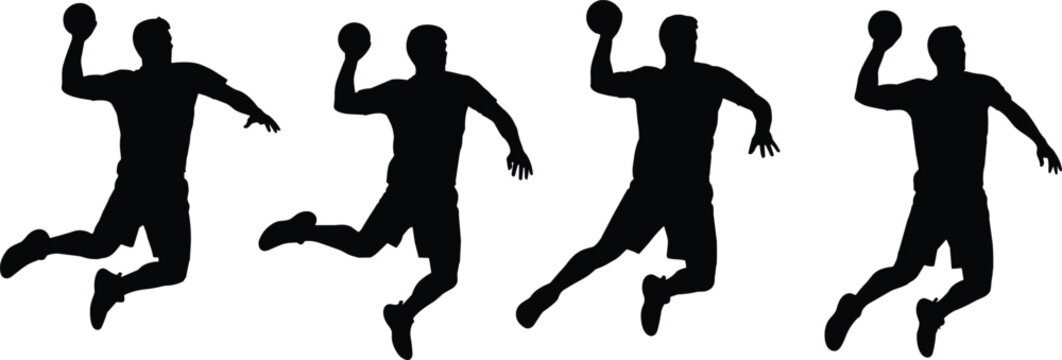 Sequence of handball player silhouettes jumping and throwing ball, athlete action poses, dynamic sport movement, fitness training vector illustration set