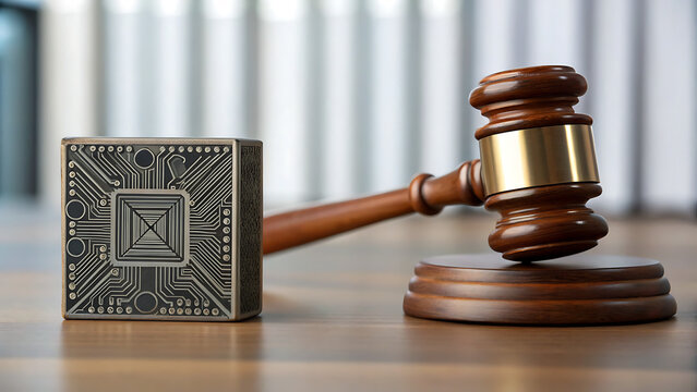 Judge gavel on wooden desk with digital blockchain cube for legal tech concept