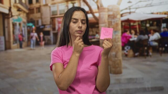 Woman wearing pink tshirt holding pink sticky note with smiley while hand on chin in street near cafe and shops; thoughtful introspection.