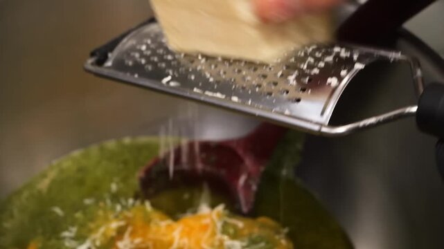 A close-up, slow-motion shot of a person's hand using a stainless steel handheld grater to shred a block of hard Parmesan cheese. The freshly grated cheese falls into a steaming pot of vegetable or pu