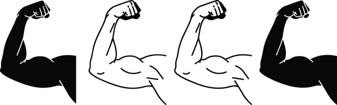 Set of muscular arm flexing silhouettes and outline illustrations isolated on white background representing strength, fitness, bodybuilding and power concept