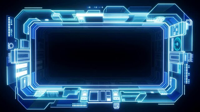 Panning shot of holographic sci fi interface panels sliding across dark futuristic console screen with glowing blue neon borders in spaceship control environment