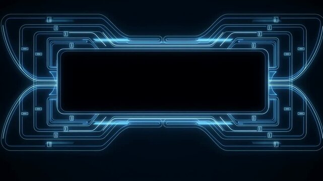 Static shot of glowing circuit interface forming rectangular display with animated tracing lines on dark futuristic background