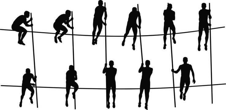 Set of pole vault athlete silhouettes showing jumping and bar clearance motion sequence, track and field sports action isolated on white background