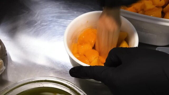 Close-up of a person wearing black gloves using a wooden muddler to press down on fresh, vibrant orange mango chunks in a white bowl. The scene is set in a stainless steel commercial kitchen environme