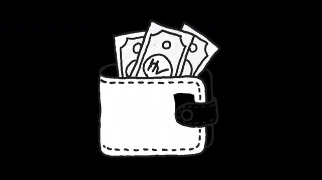 Hand drawn doodle of a wallet with Indian rupee notes line art, 4k animated video, alpha transparent video