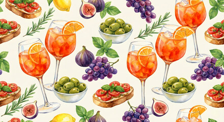 Obraz premium Watercolor seamless pattern of summer orange cocktails, bruschetta, olives, figs, and grapes. Hand-painted Mediterranean food and drink illustration with fresh basil and rosemary herbs.