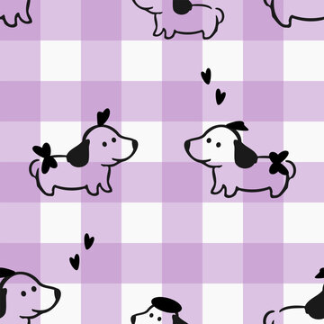 Cute dog love seamless pattern purple gingham puppy hearts background design.
