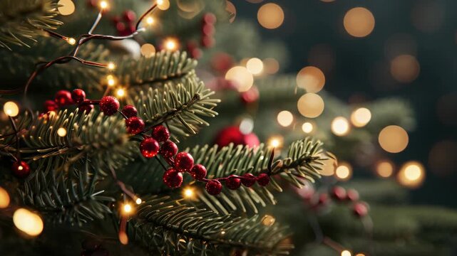 A vibrant and warm Christmas tree, adorned with string lights and festive red berries. This captures the joyful holiday atmosphere.