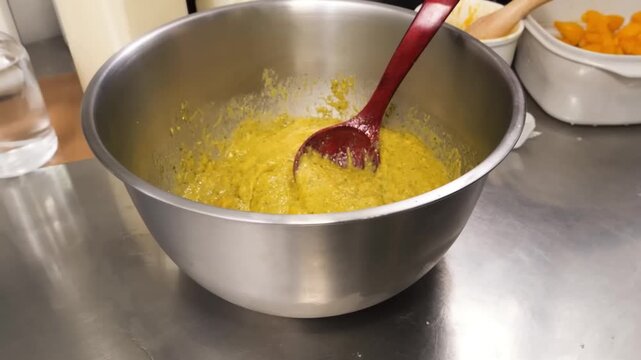 Close-up footage of a person wearing black gloves stirring a dense, vibrant yellow food mixture in a large metal mixing bowl using a wooden spoon.