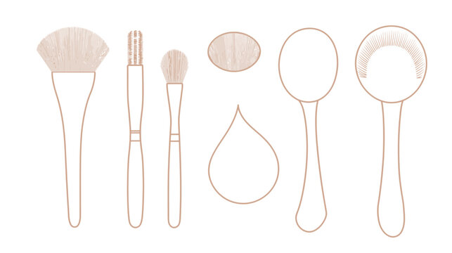 Beige line art composition of makeup applicators and accessories over a white background