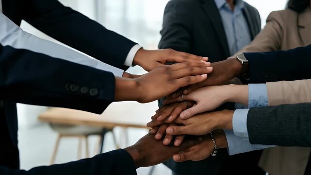 Close-up of diverse business individuals demonstrating unity through stacked hands, framed in a way that leaves ample space for captions and text overlays.