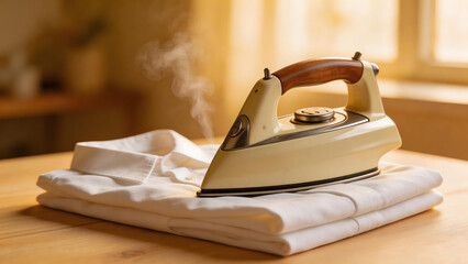 bergere. A vintage iron on a folded white shirt with rising steam in warm nostalgic light. lifestyle magazines, social media lookbooks, designed for influencer and brand collaborations.