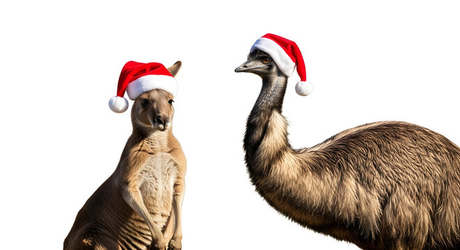Two emus wearing santa hats on white background