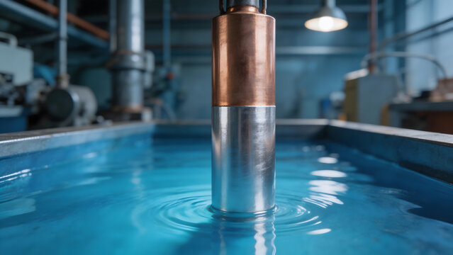 electrolytic. A copper part emerging from a blue electrolytic bath in an industrial setting. safety posters, maintenance manuals, designed for precision metalworking and fabrication facilities.
