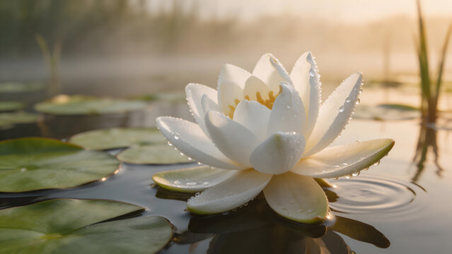 patera. Water lily petals unfolding at dawn with morning dew on serene pond. gardening catalogs, home-decor guides, designed for gardening and botanical catalogs, used by ngo communicators.
