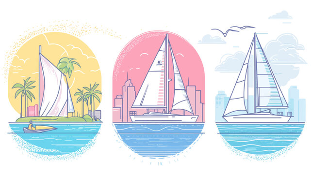Three colorful illustrations of sailboats on the water with different backgrounds and environments