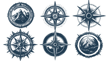 Fototapeta premium Set of six navy blue compass and mountain illustrations, various shapes, drawing style, and textures on white background