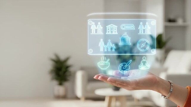 Hand showcasing holographic cultural experiences symbols for wellness with empty space background concept as A hand presenting holographic symbols of cultural experiences enhancing family trips with d