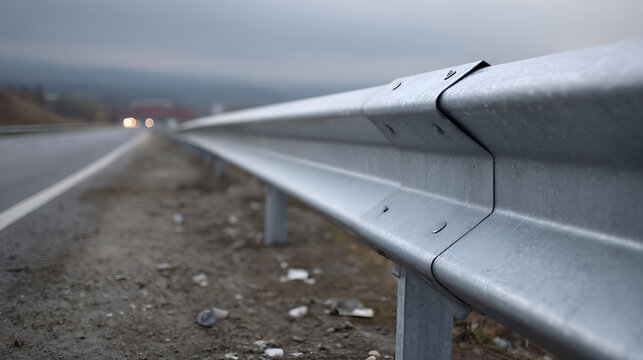 A close-up view of a metal road safety barrier alongside a highway with a blurred background of distant vehicle lights and an overcast sky