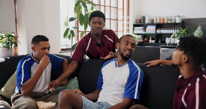 Sports, friends and talk in home with popcorn, game discussion or football fans at watch party. Men, snacks and banter at gathering for soccer rivalry, match debate or eating at half time in house